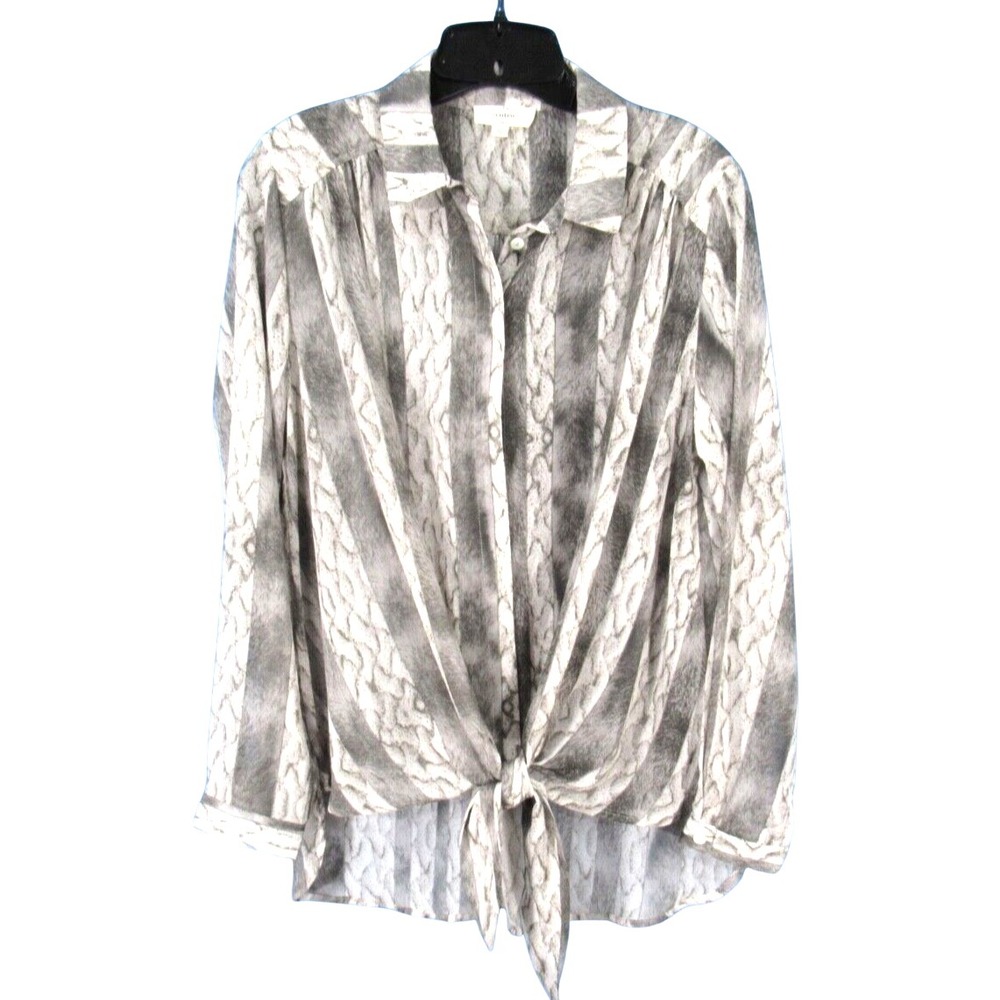 ENTRO Women's GRAY Snake Skin Print CHIFFON Tie-Front BUTTON-UP Top Blouse S